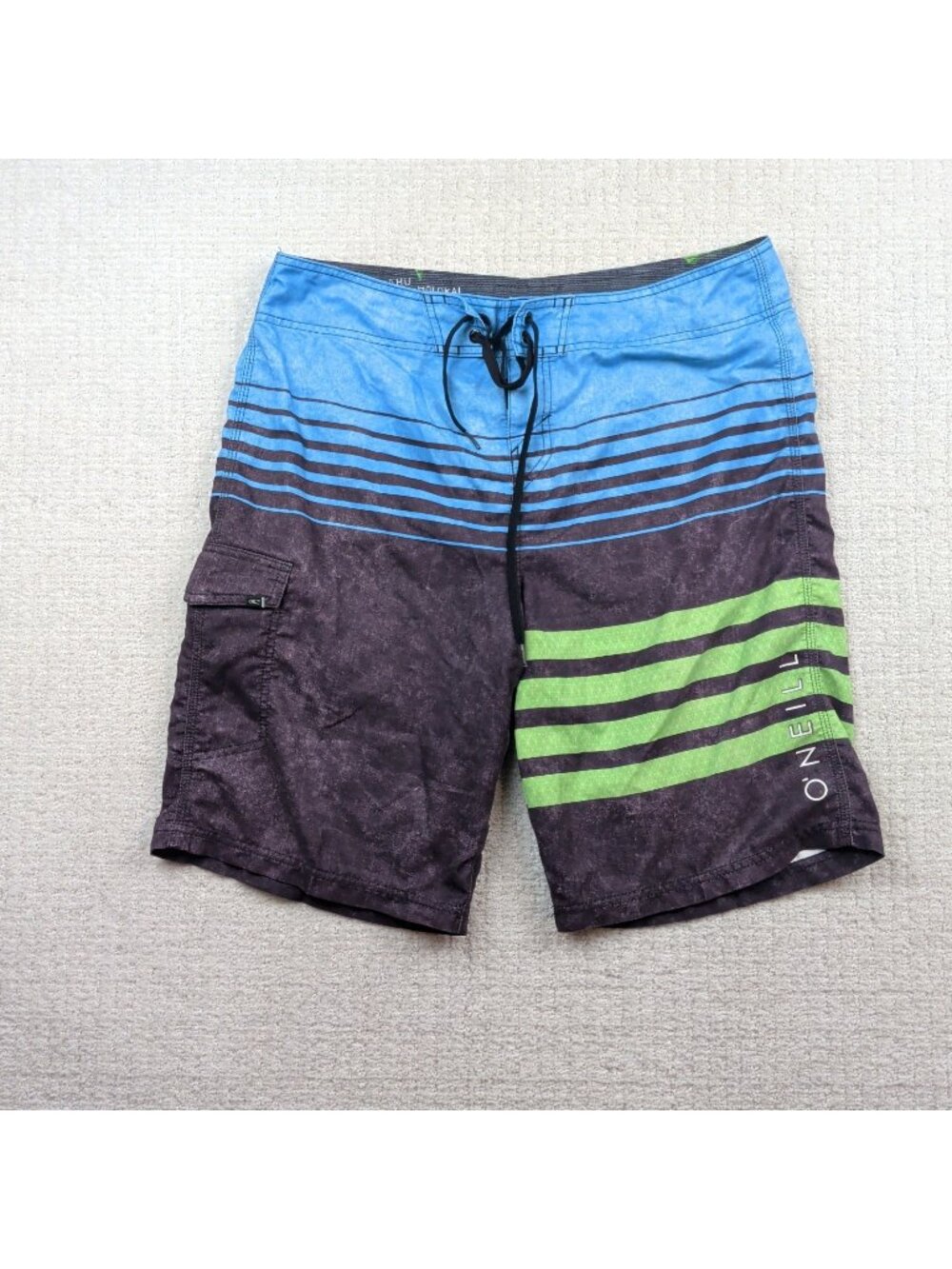 O'Neill Board Shorts Men's Size 34 Blue Green Gray Striped Acid Wash Hawaii